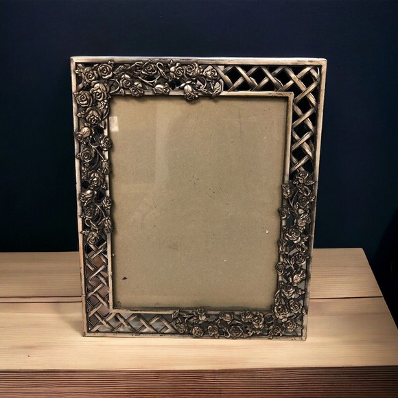 Large‎ Roses Lattice Picture Frame Pewter Photo 7.5” x 9.5” Vintage - Picture 1 of 8